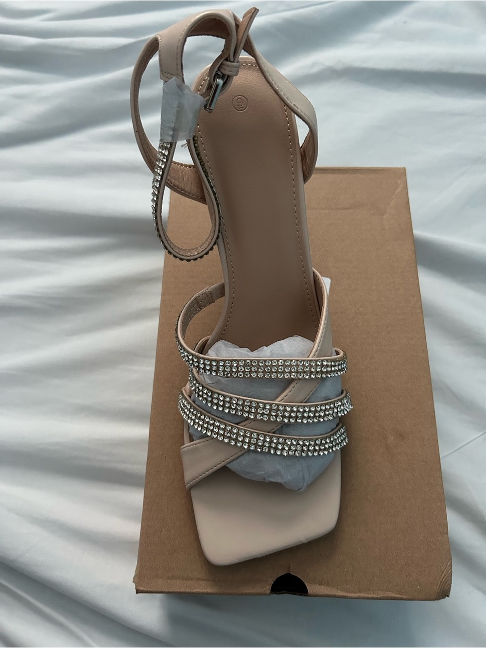 Crystal-Strap Nude Block Heel Sandal - Women's Evening Shoe
